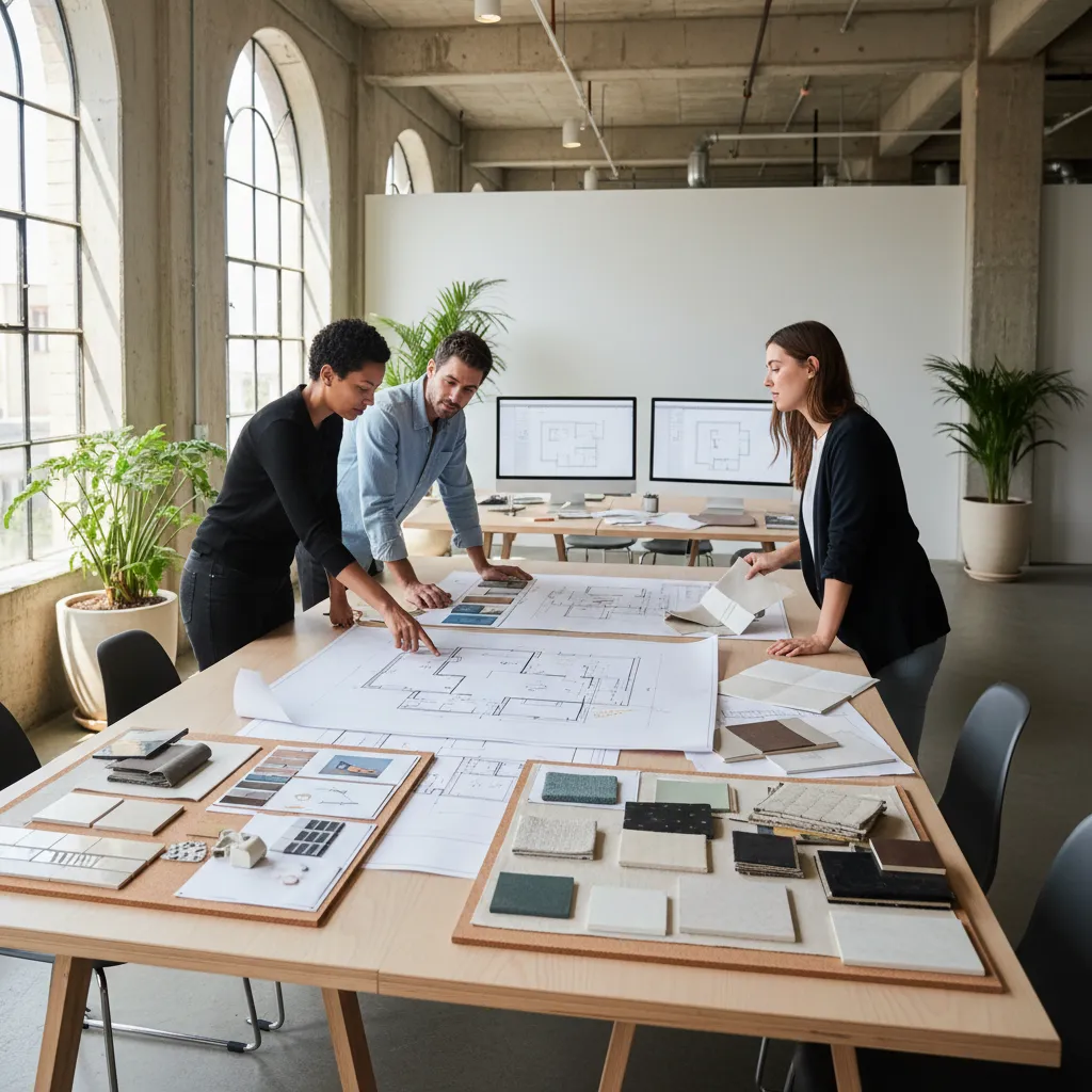 Three designers standing around a table reviewing floor plans and material samples in a studio