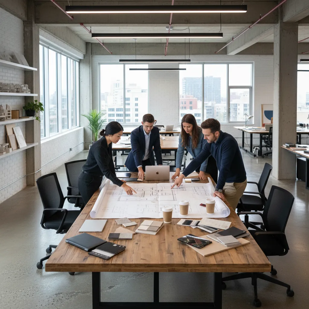 Interior design firm team collaborating on large office project plans