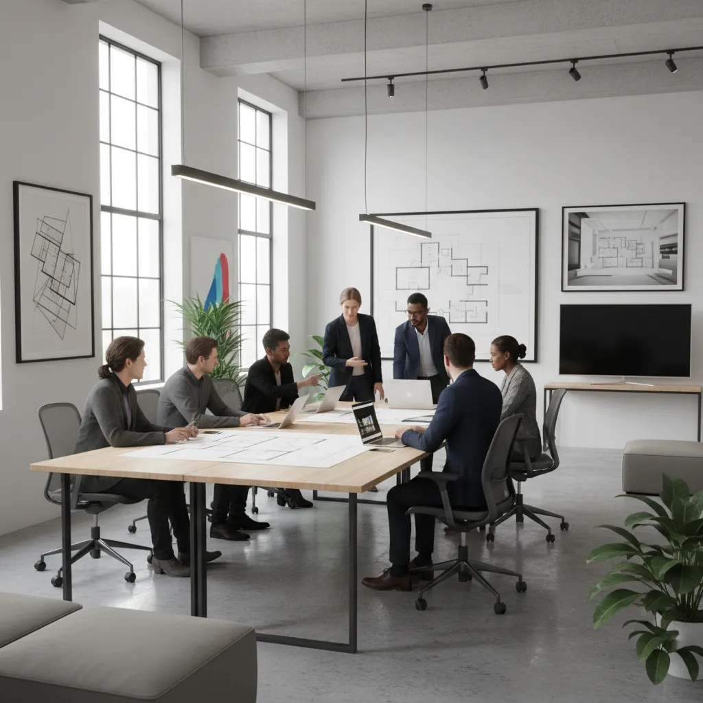 interior design team collaborating in modern studio workspace