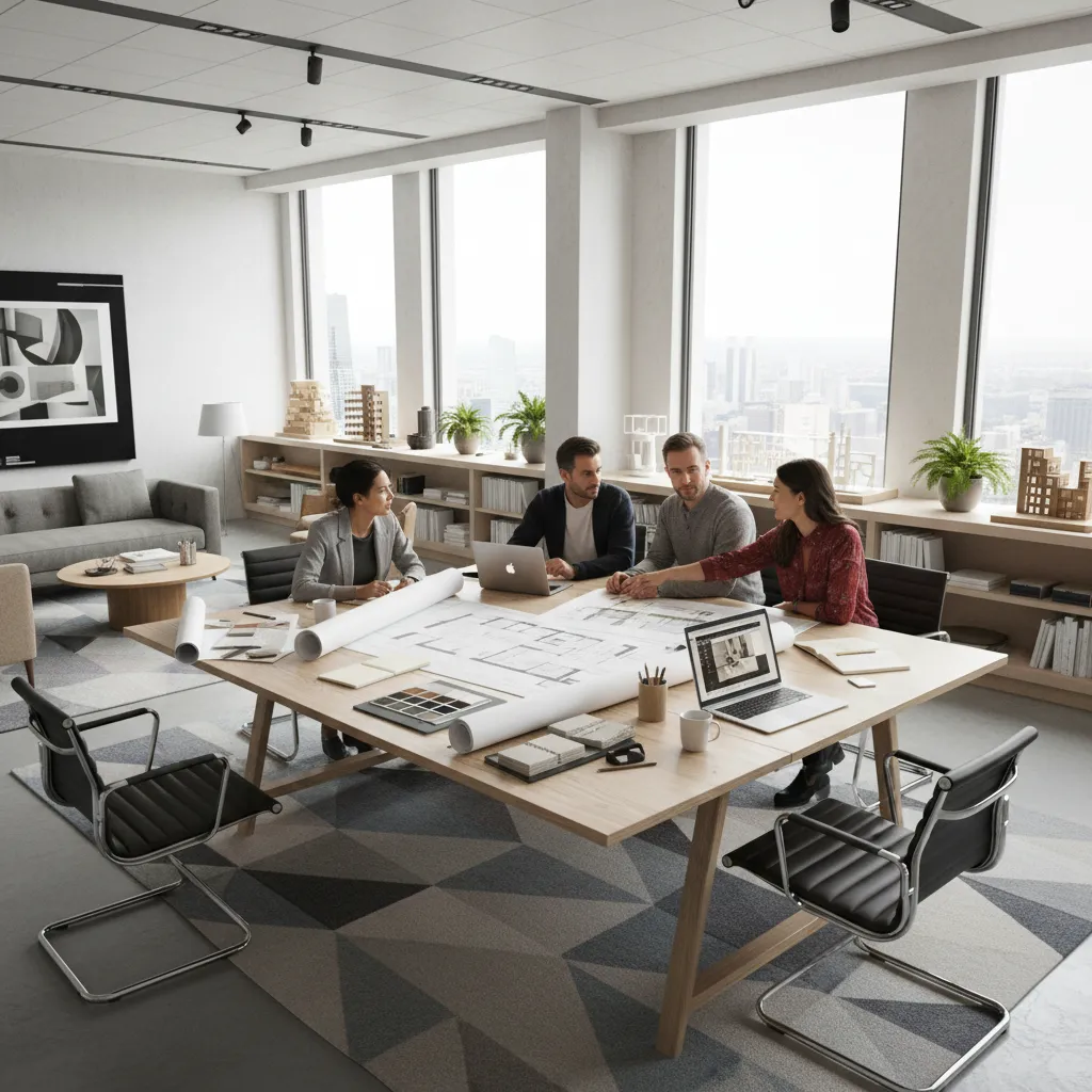 Interior design team collaborating in modern design studio reviewing plans