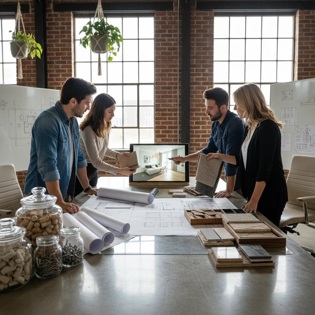 Equipo de diseñadores analizando planos de interior y experiencia de usuario