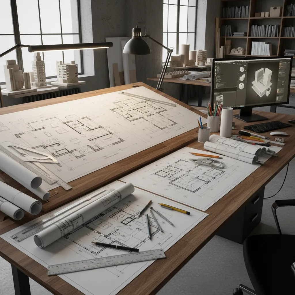 Interior design technical drawings including floor plan, elevation and electrical layout