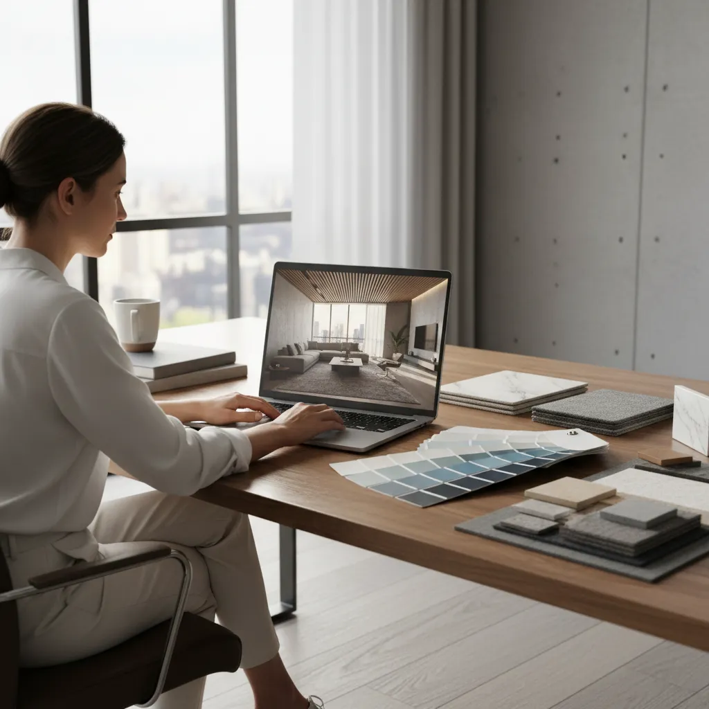 designer working with laptop showing 3d interior rendering of living room