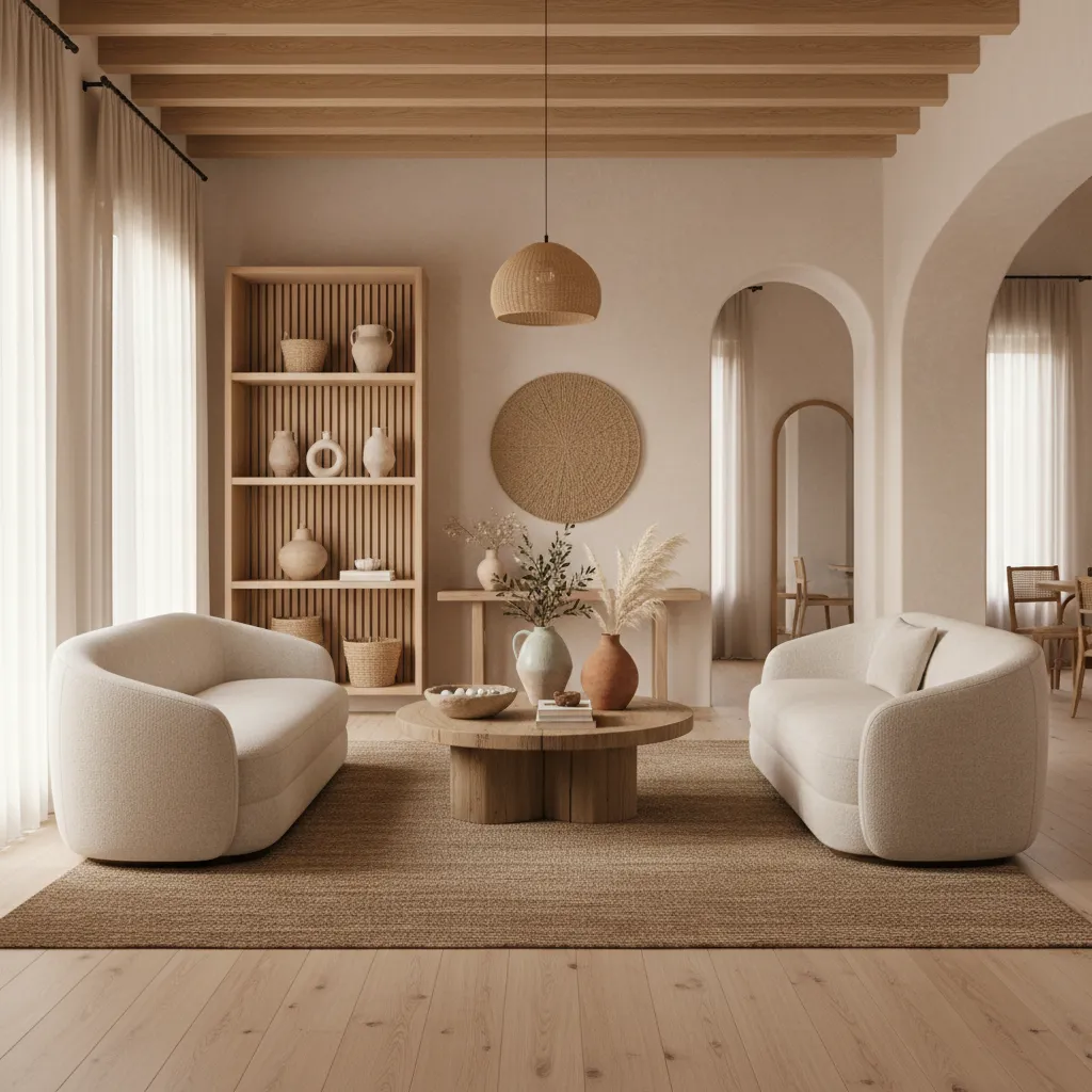 Minimalist cream living room with two sofas facing each other around a round coffee table
