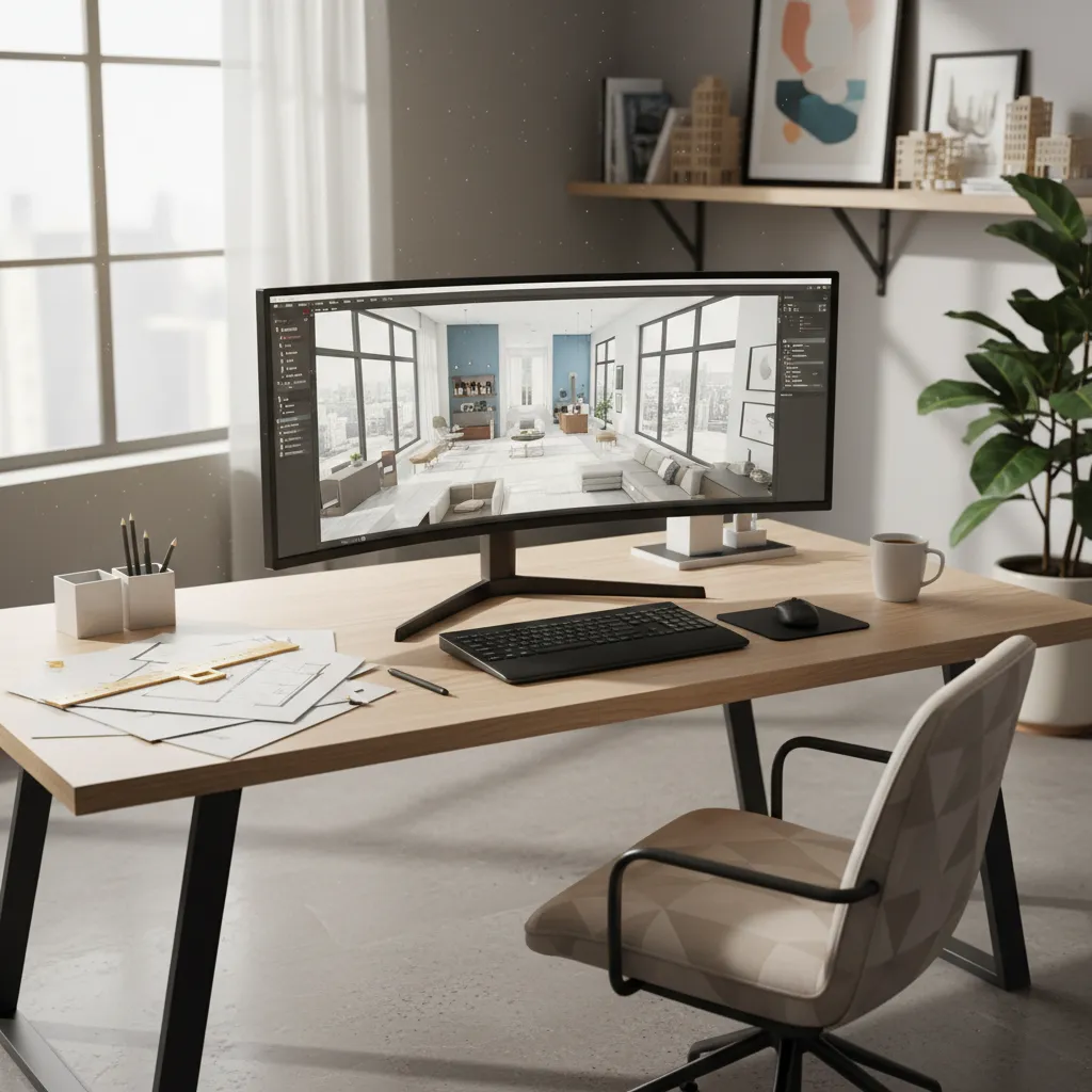 Diseñador trabajando con software de planificación de interiores en un escritorio moderno