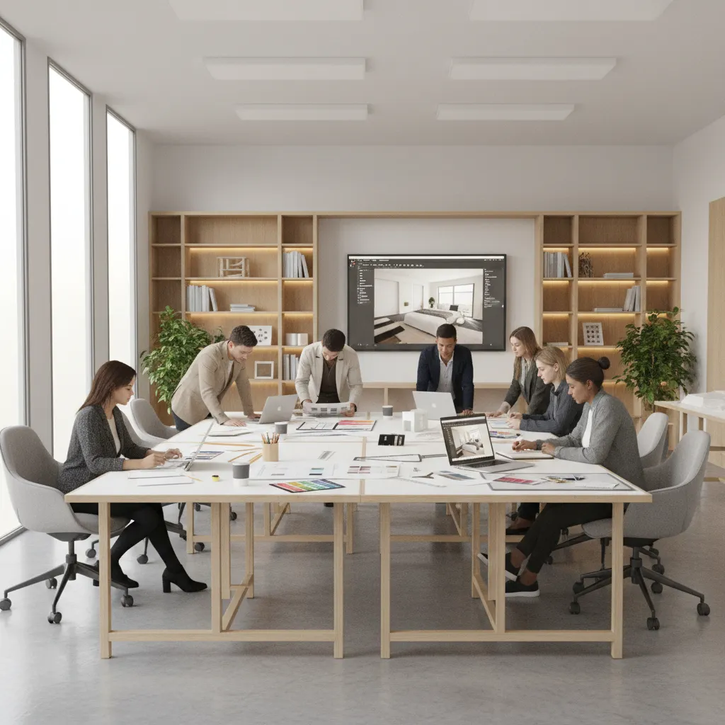 Interior design students learning layout planning in a design studio