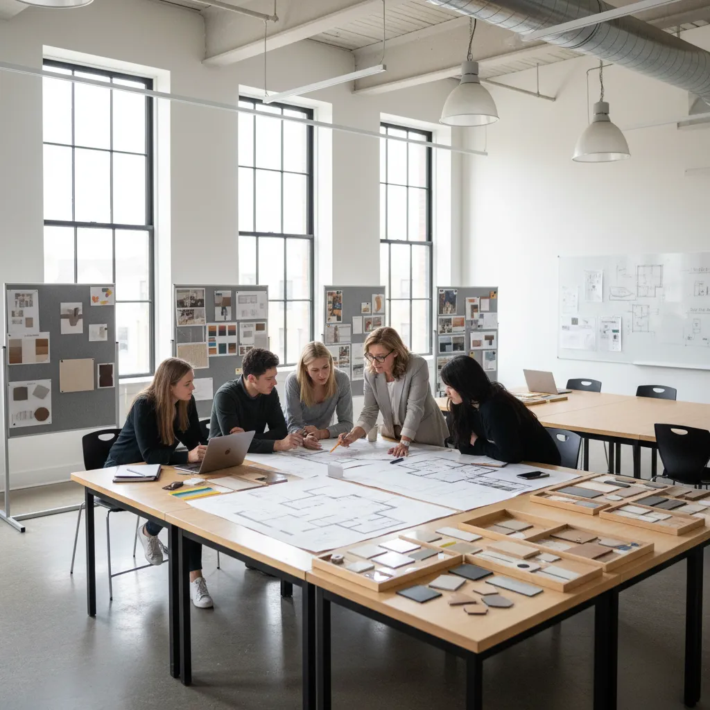 Clase universitaria de diseño de interiores con estudiantes revisando planos