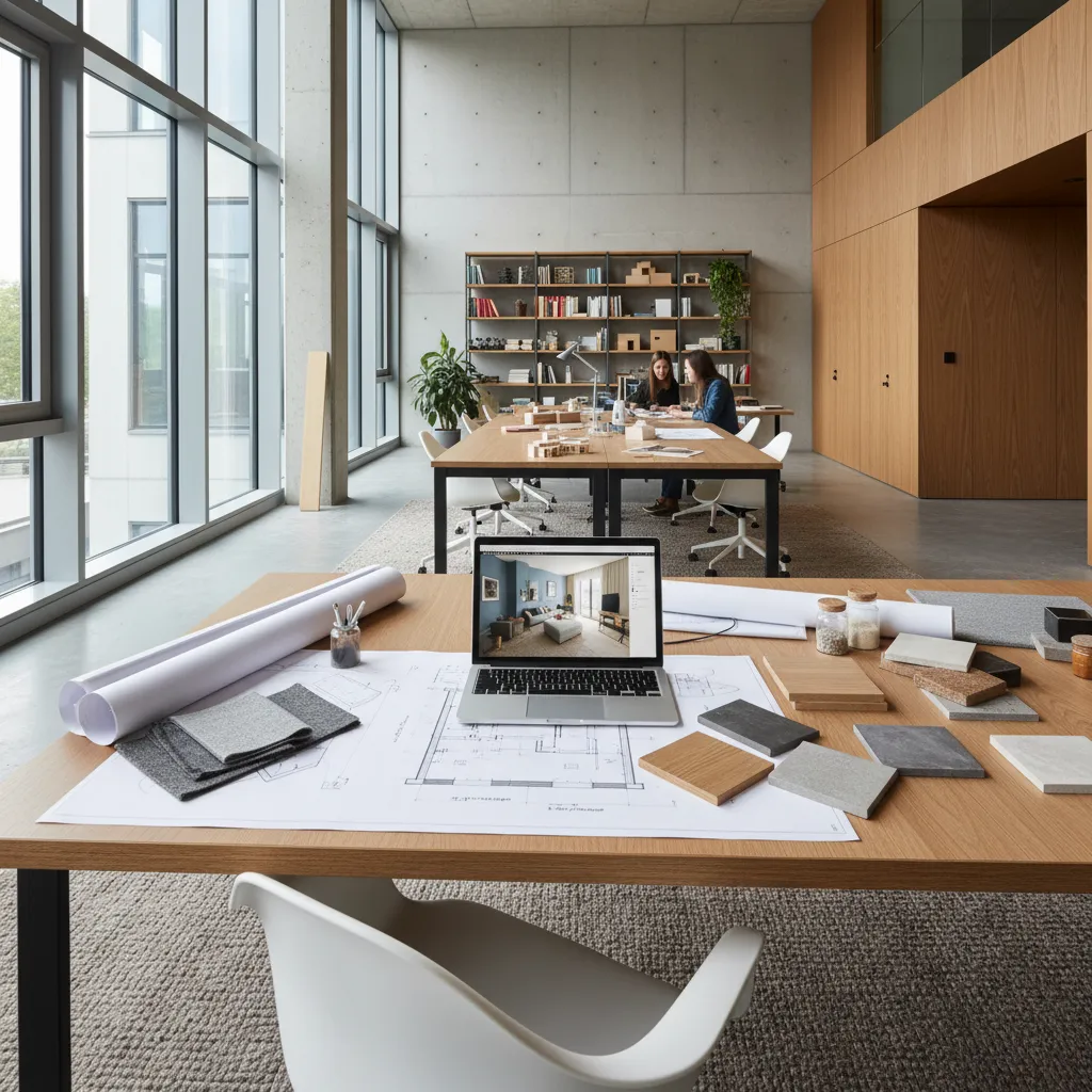 Interior design studio workspace with laptop, room plans, material samples, and students working in background