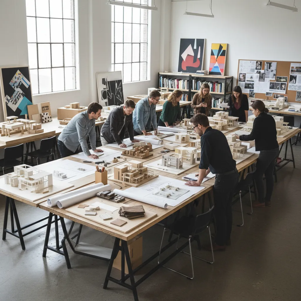 Aula universitaria de diseño de interiores con estudiantes revisando maquetas