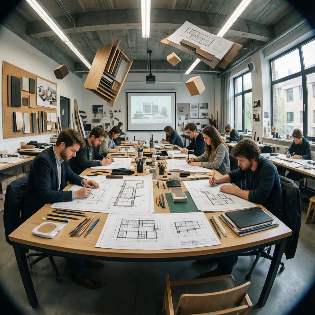Students working on floor plan drawings at wooden tables in a bright interior design studio