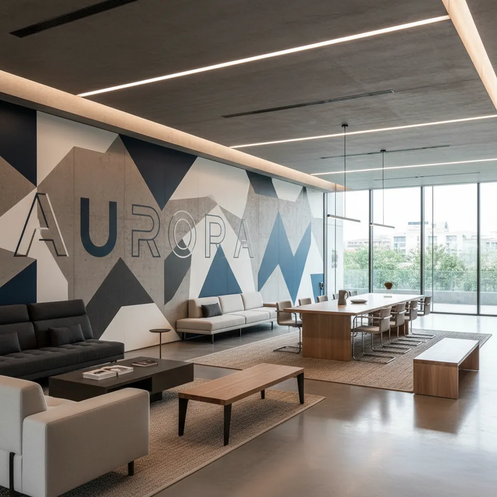 Modern office lounge with geometric wall mural wooden meeting table grey sofas and large windows