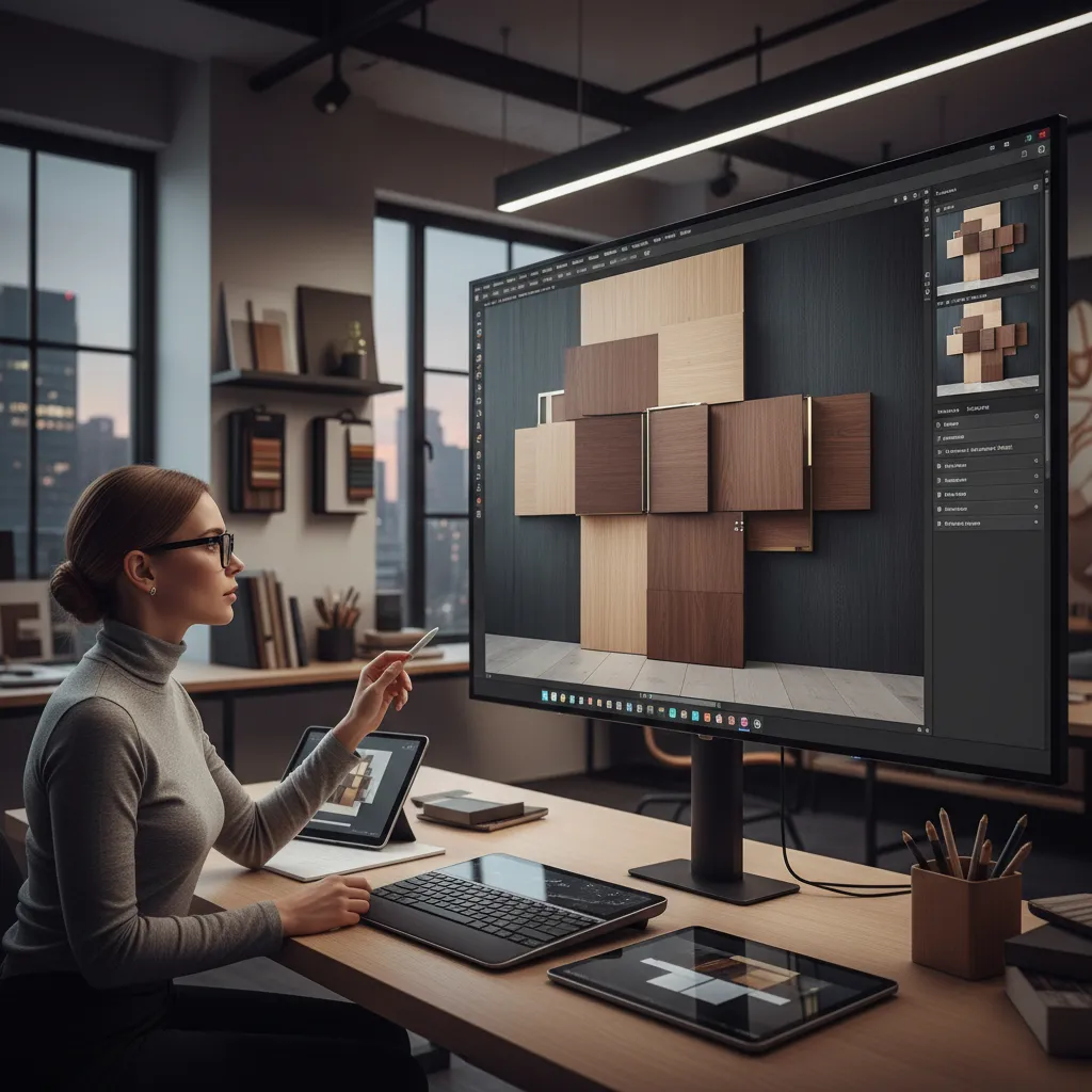Planificación digital de una pared con paneles decorativos en un diseño interior