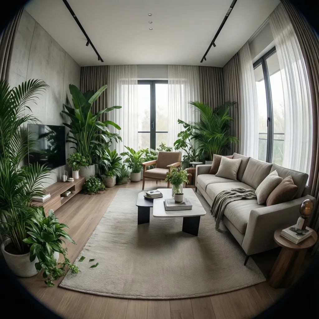 Visualización de diseño interior con plantas integradas en el espacio