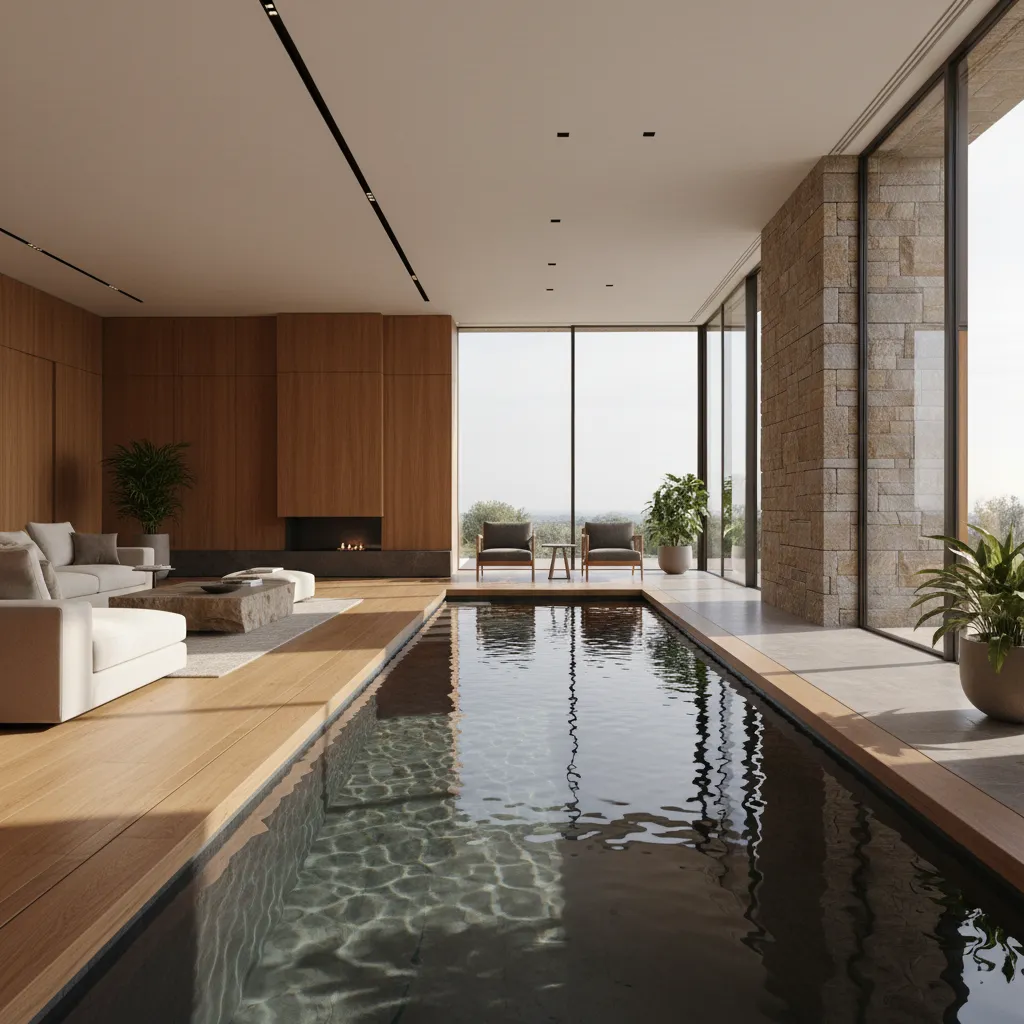 Modern living room with indoor swimming pool white sofa wood wall panels and large windows