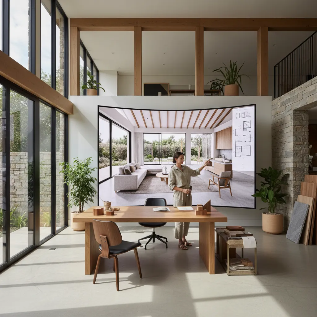 Woman pointing at a large screen showing a living room interior design drawing in office