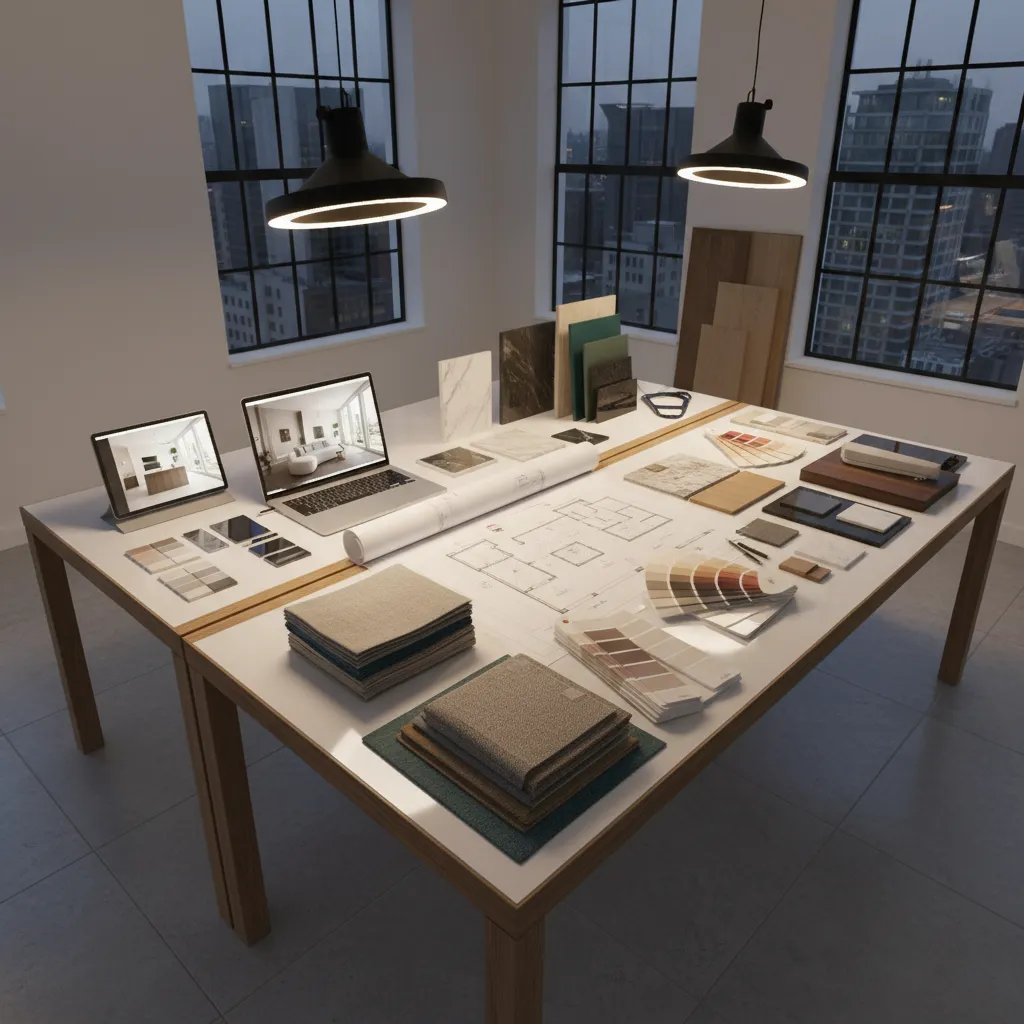 Large table with room layout drawing color samples fabric swatches and laptop for interior design