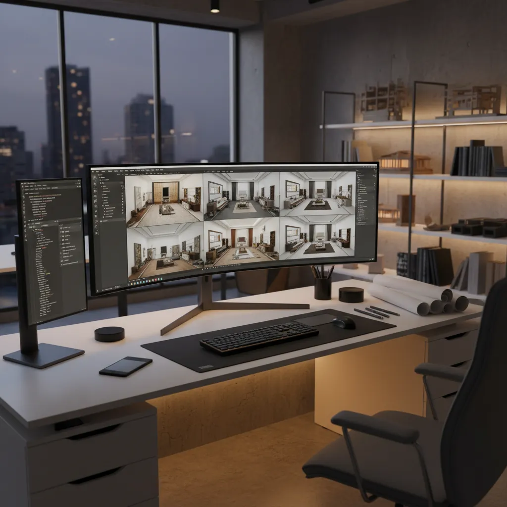 Designer comparing interior layout concepts on screen during project planning