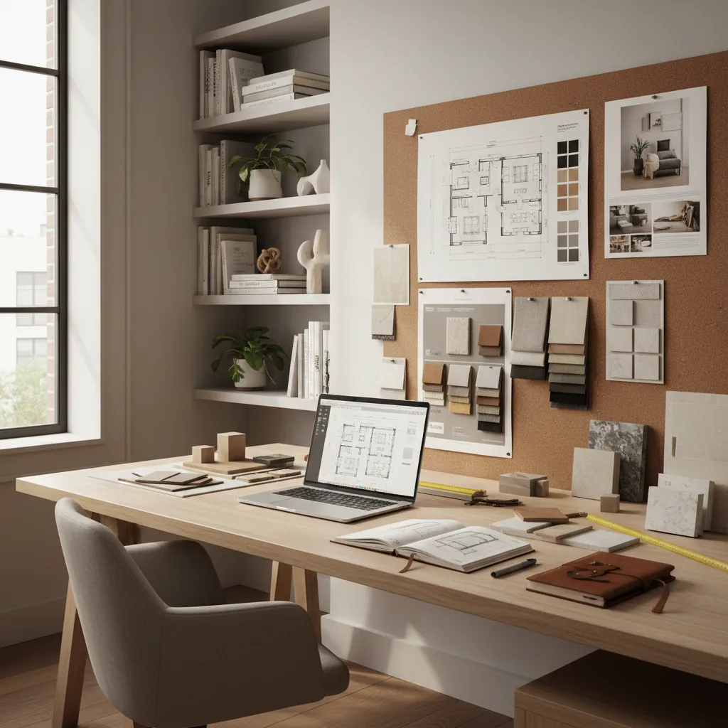 Interior designer desk with mood boards laptop sketches and material samples showing early stage design workflow
