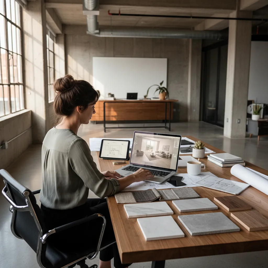 interior designer planning room layout using digital design software