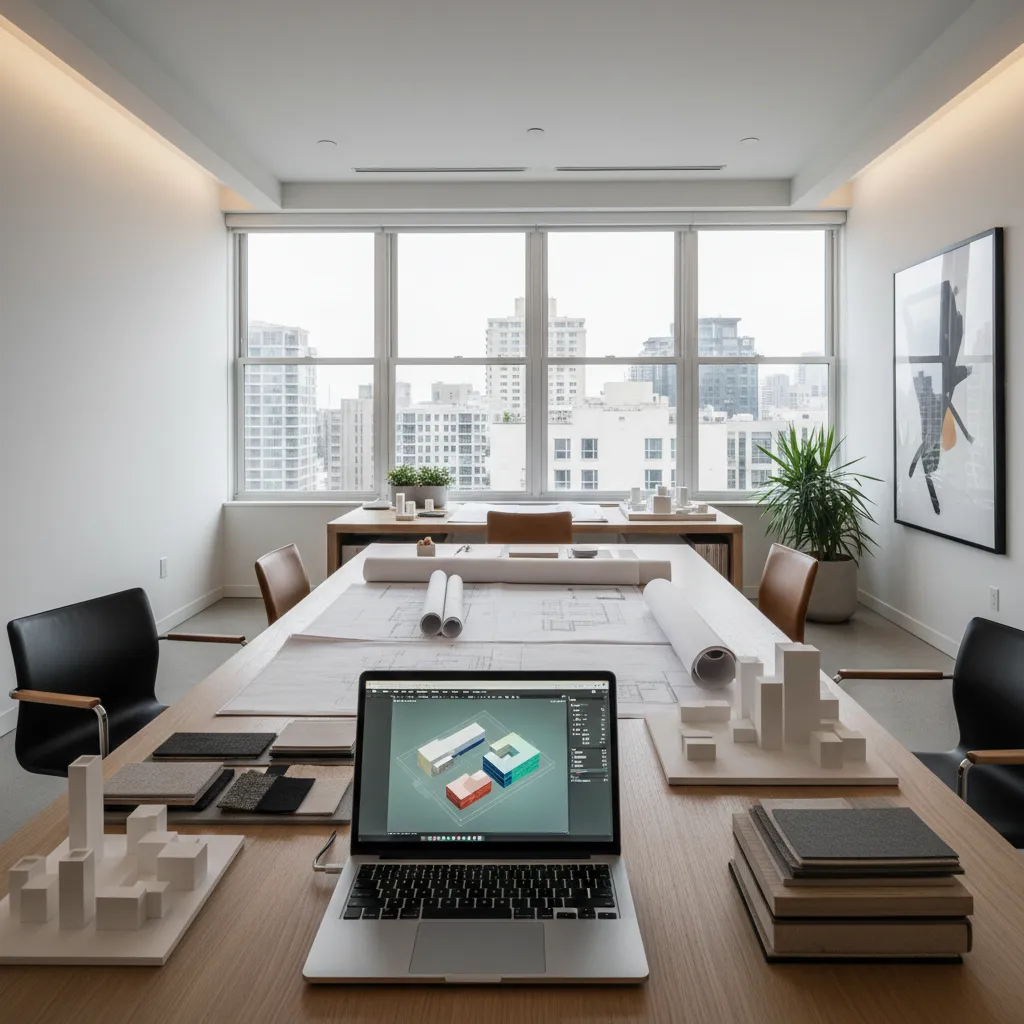 Laptop showing interior design drawing on large wooden table with blueprints and city view office windows