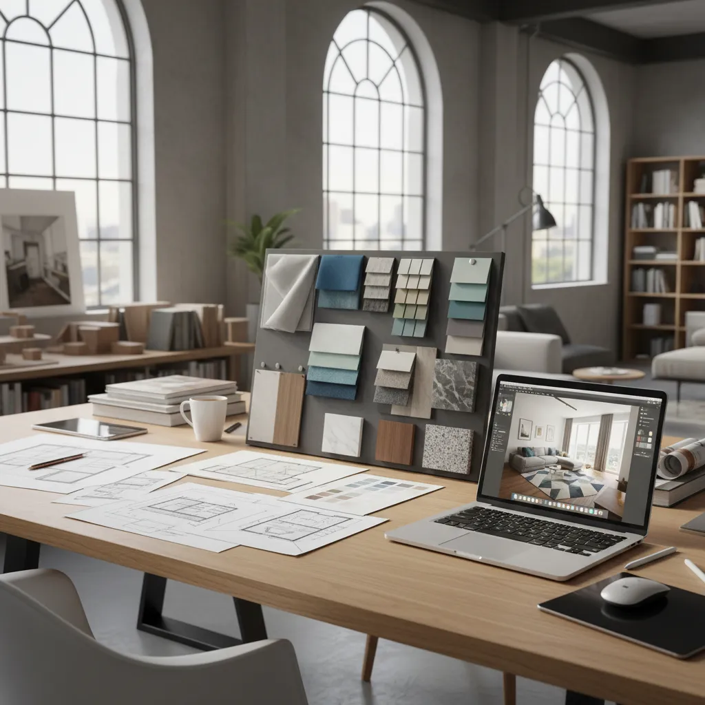Proceso de diseño de interiores con bocetos, muestras y ordenador