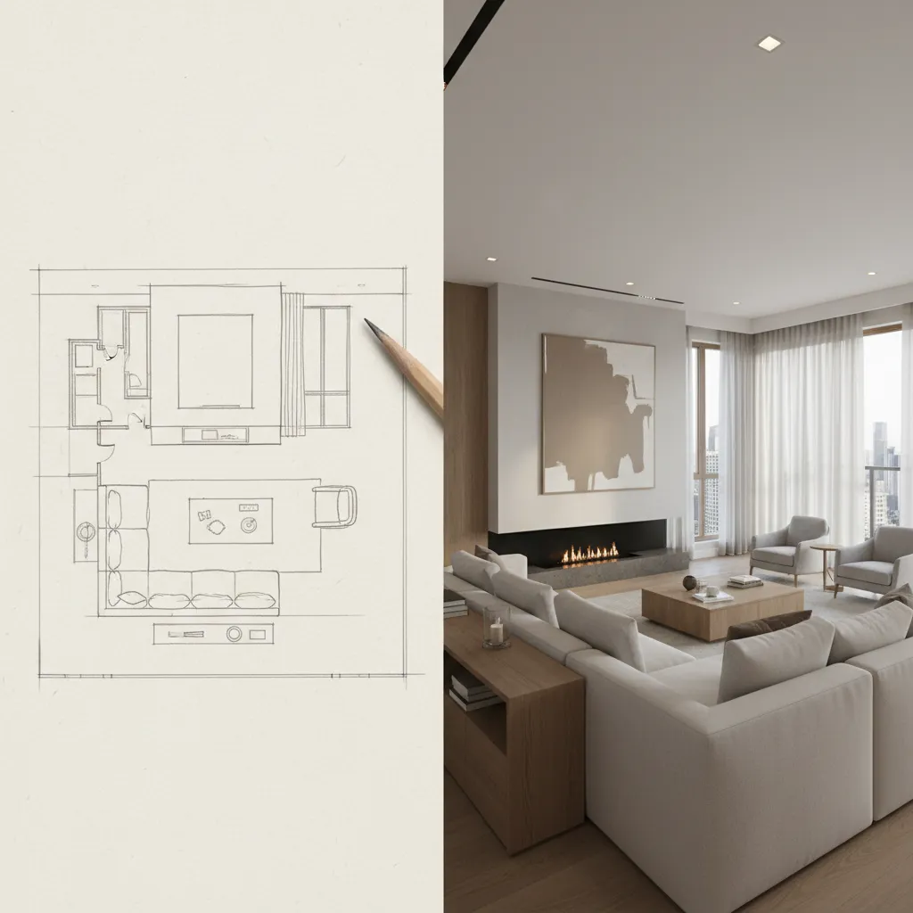 Interior design workflow showing transition from floor plan sketch to 3D interior model