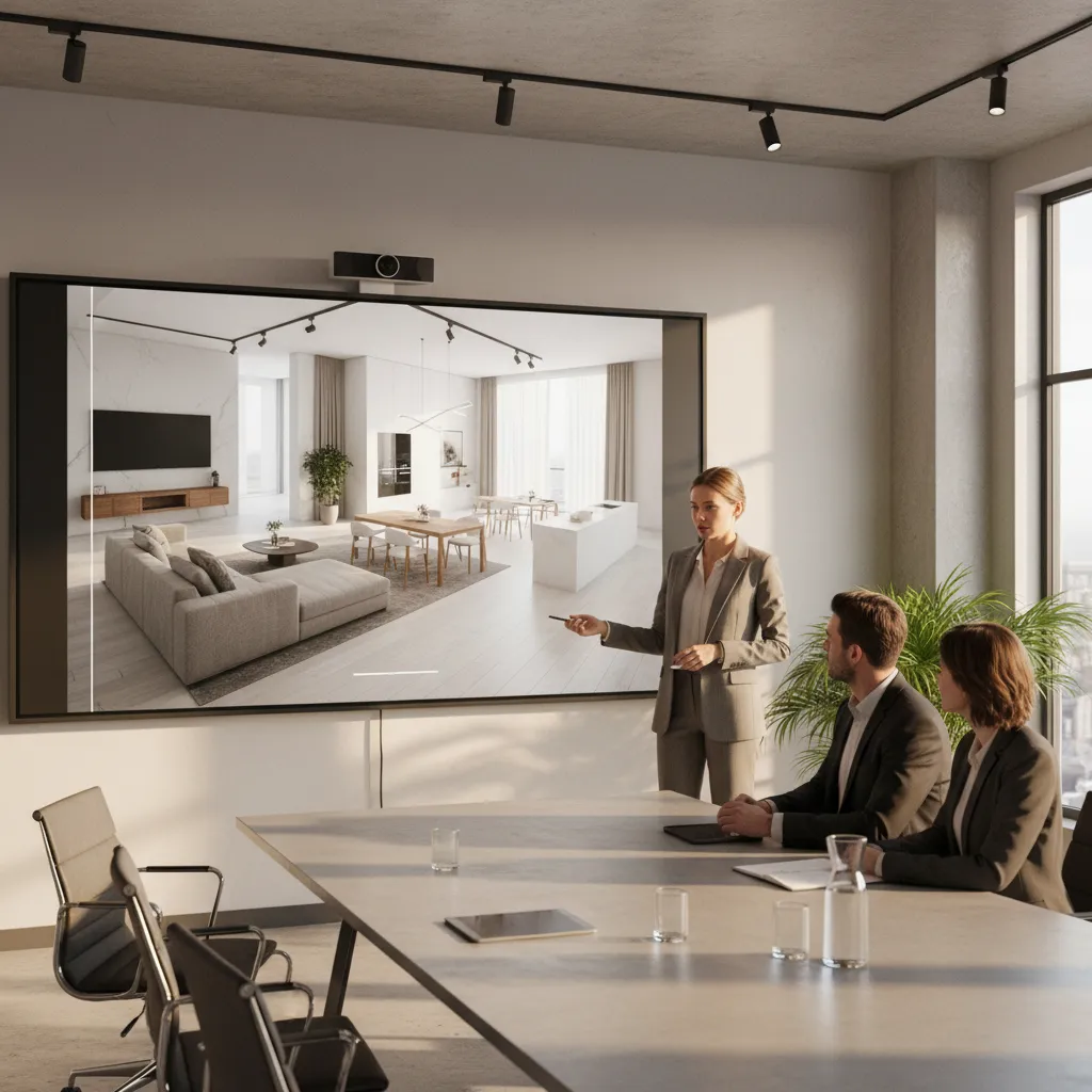 interior designer presenting 3D floor plan visualization to clients