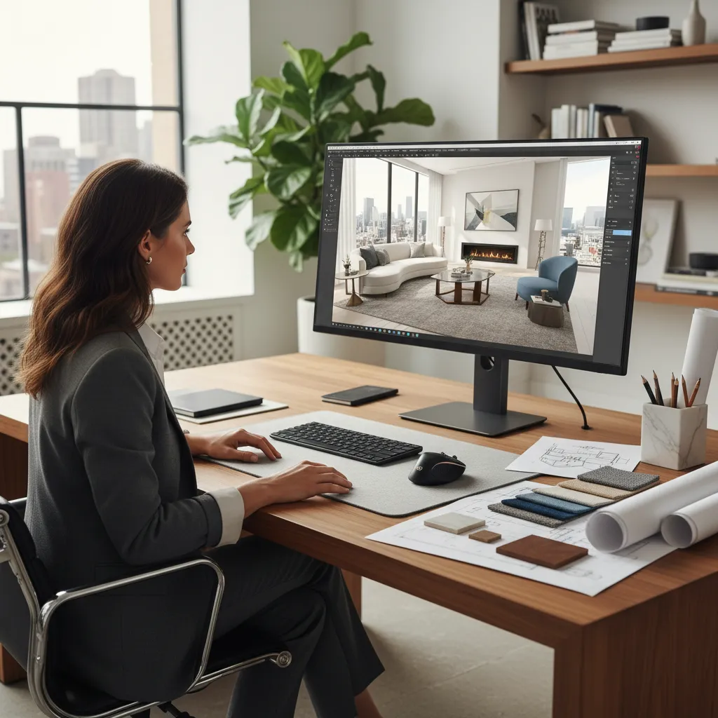 Interior designer working on 3D modeling software with modern living room concept on screen