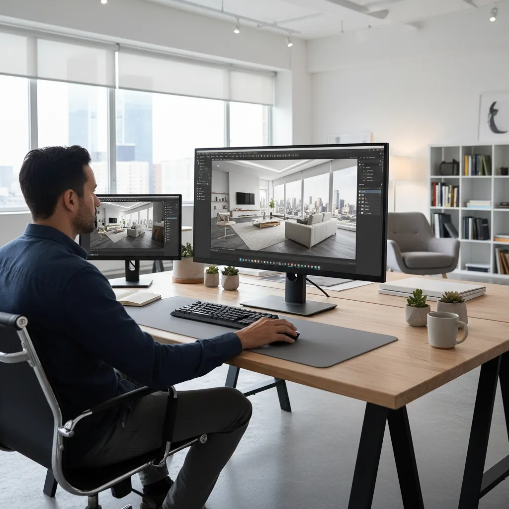 interior designer creating 3D room model using professional design software