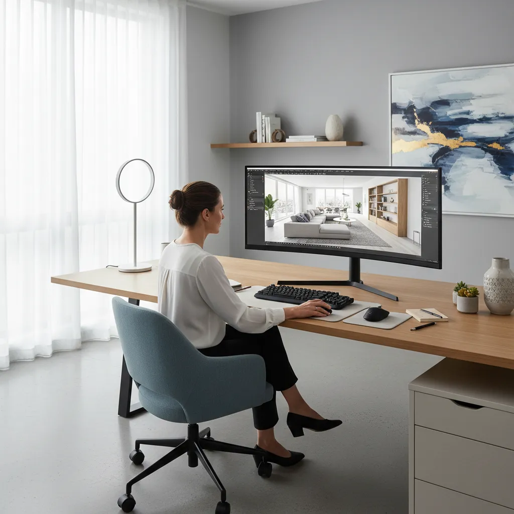 Interior designer creating a 3D room layout on a computer using modeling software