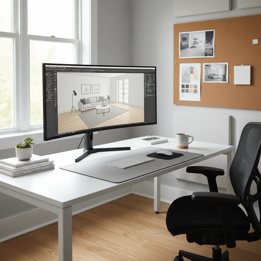 Interior designer creating a 3D model of a living room on a computer
