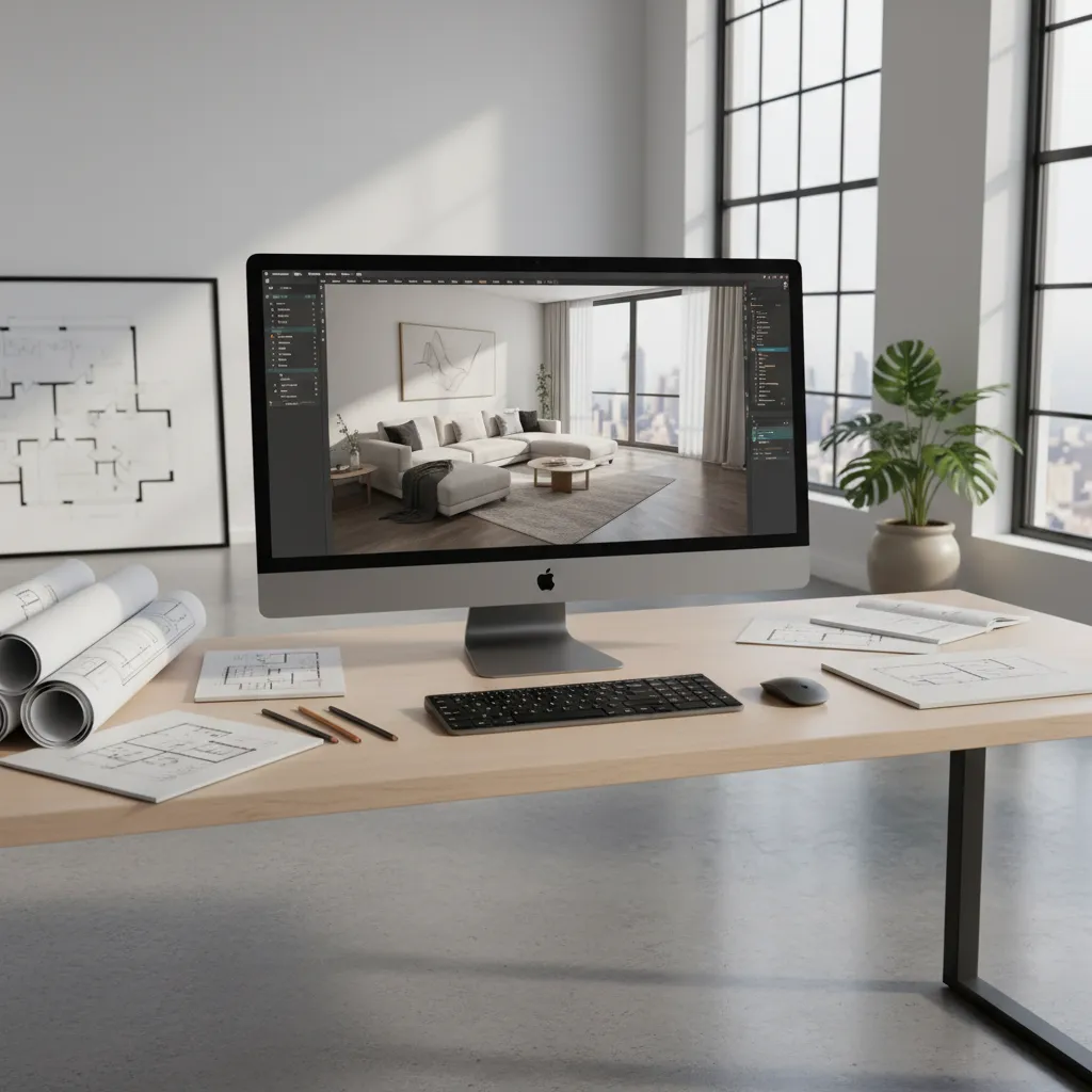 interior designer creating a 3D room model on computer software