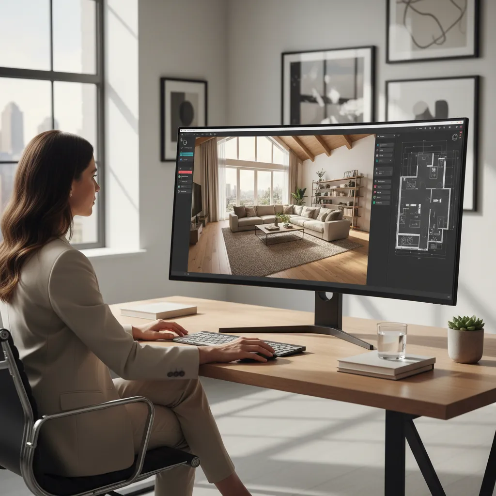 Interior designer working with 3D room modeling software on a large monitor