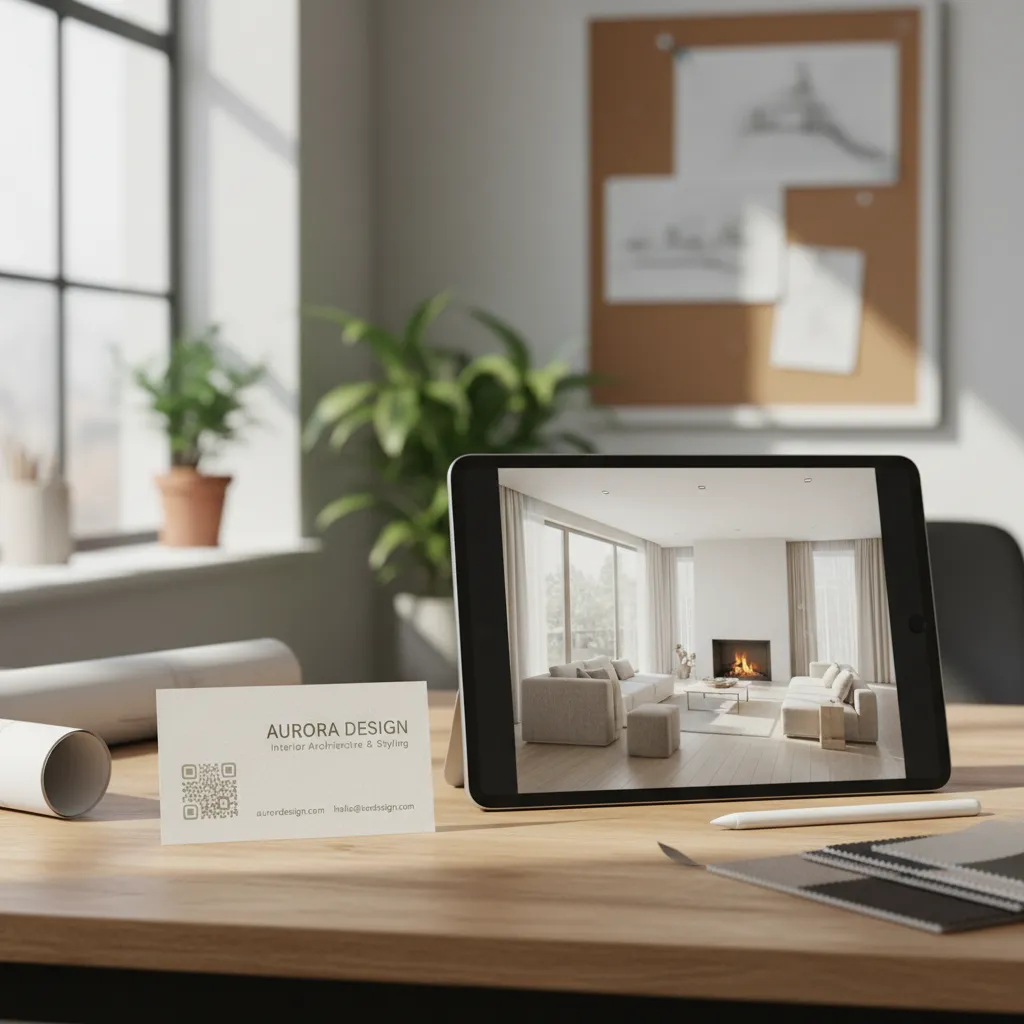 Interior design business card with QR code next to tablet showing modern living room layout