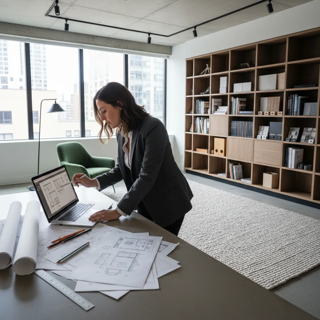 Diseñador revisando un plano interior con muebles colocados digitalmente
