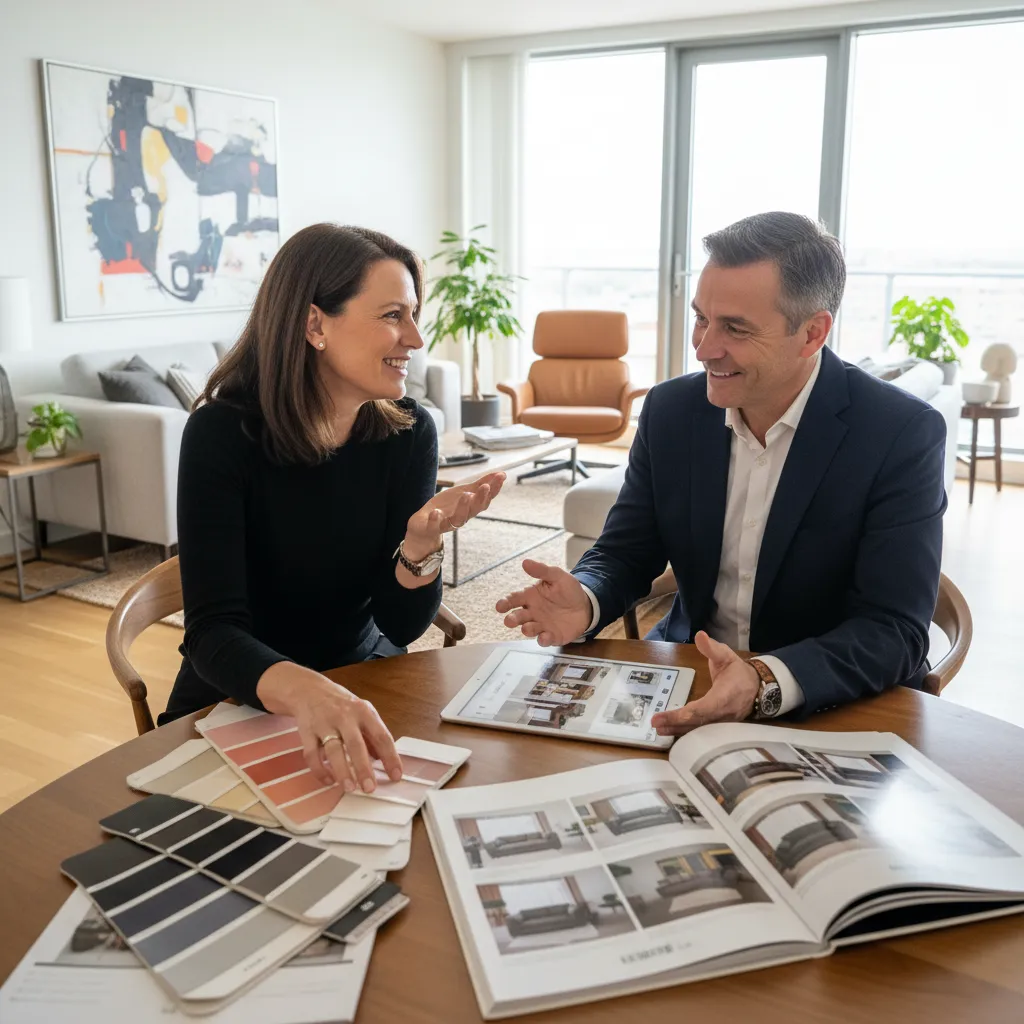 Interior designer and client discuss room layout with color samples and tablet at wooden table