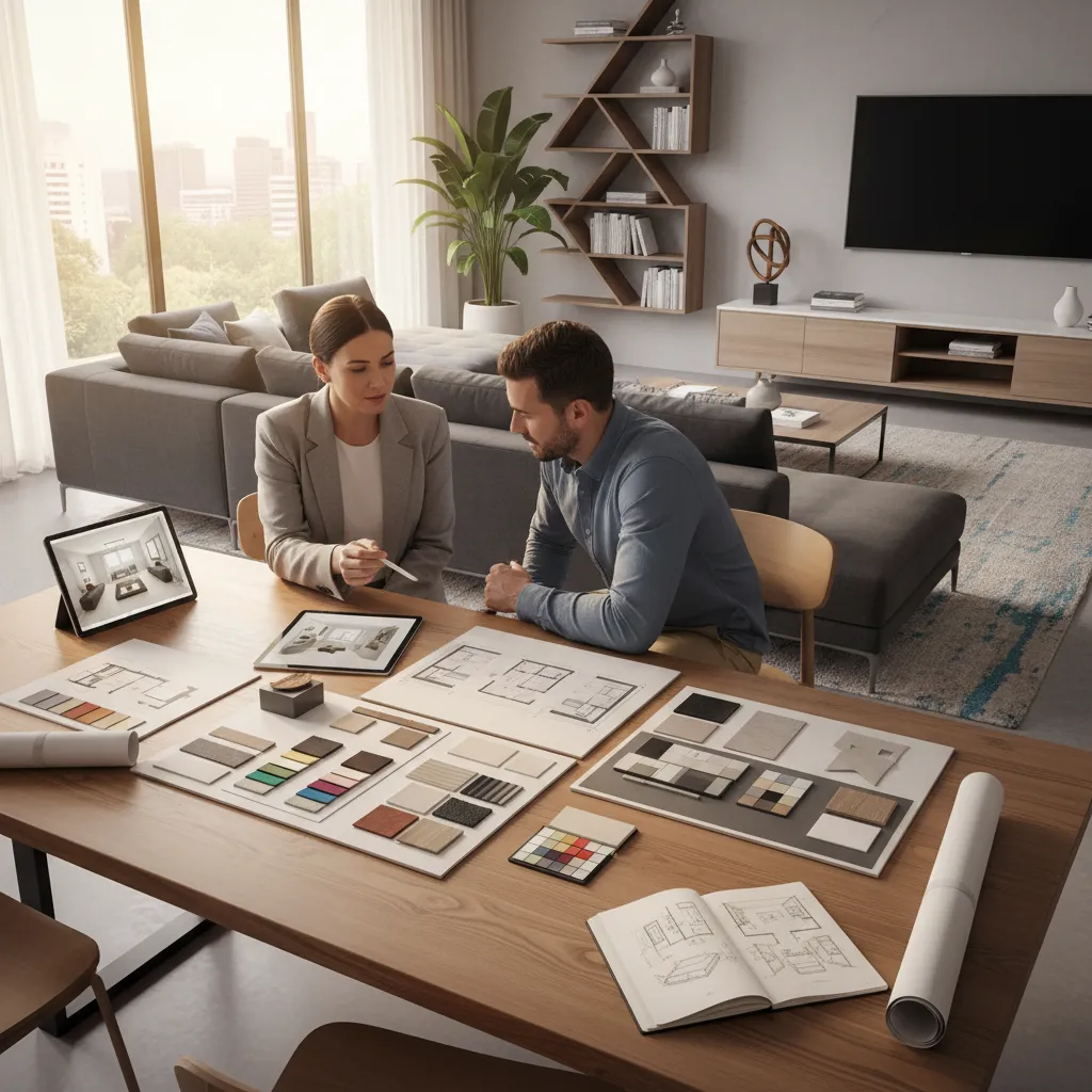 Interior designer presenting layout plans to homeowner during consultation