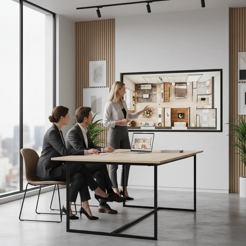 interior designer presenting digital home layout to client using design software