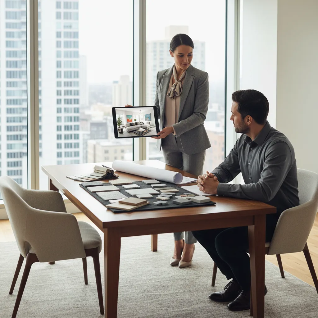 Decoradora de interiores presentando un proyecto a un cliente en una reunión