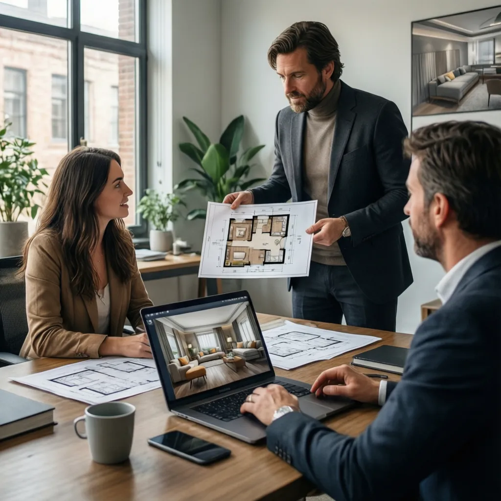 Diseñador de interiores mostrando planos a clientes en una reunión