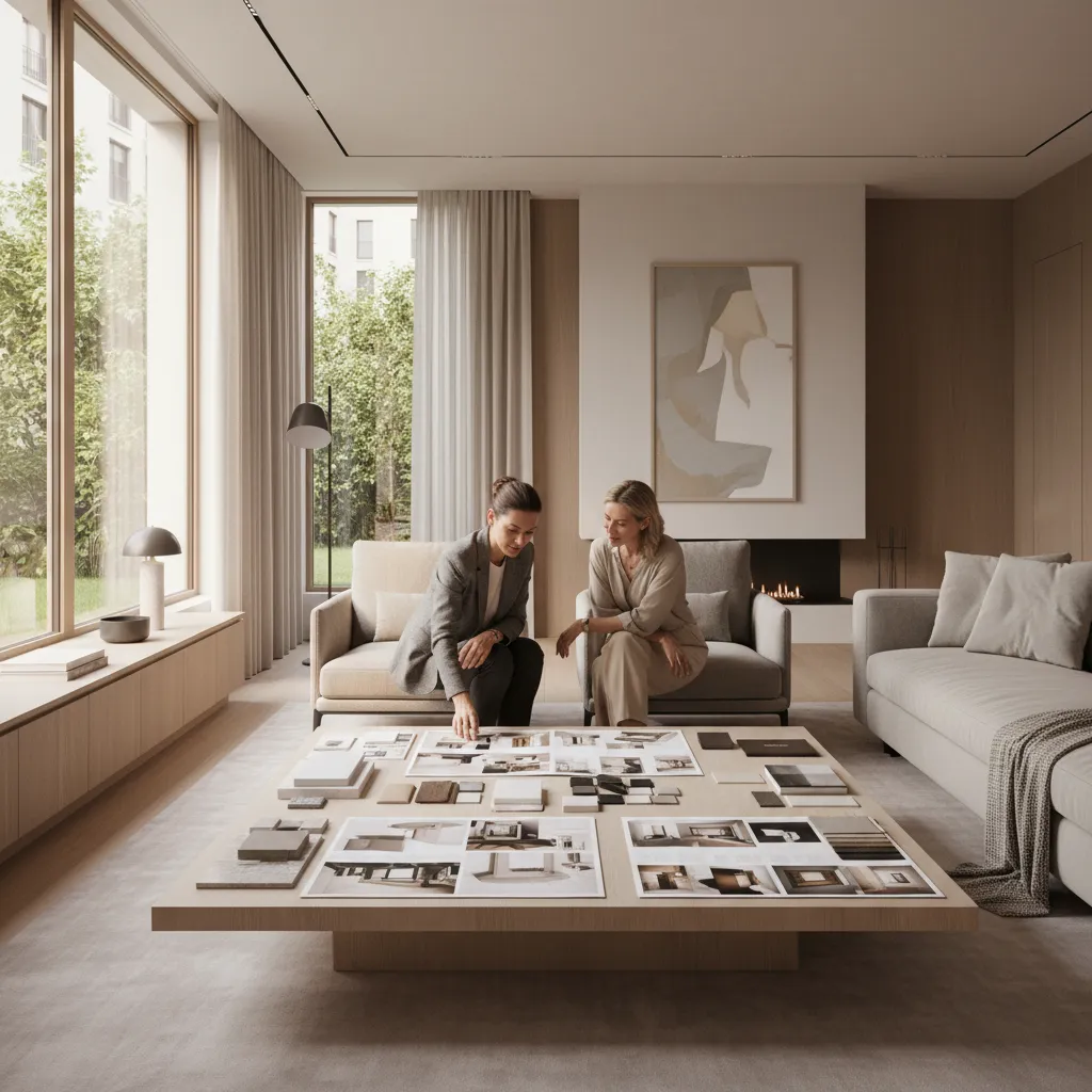 interior designer meeting homeowner and reviewing home design ideas