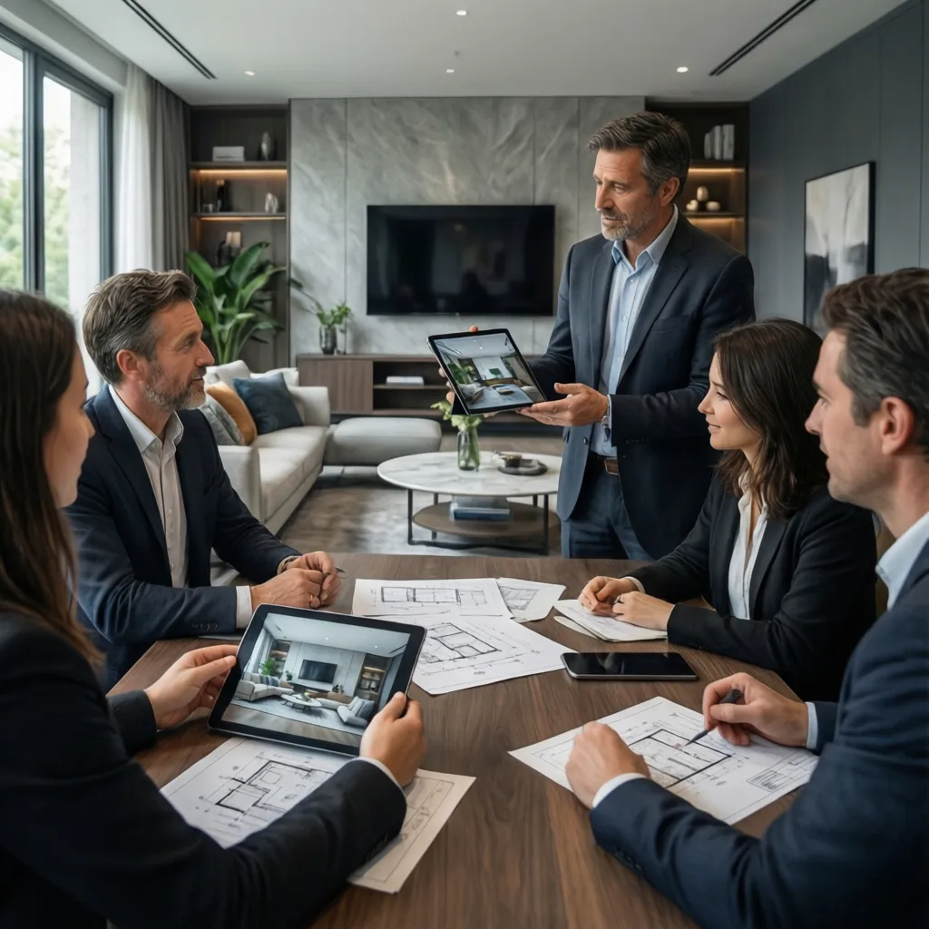 Interiorista presentando un proyecto de diseño a un cliente