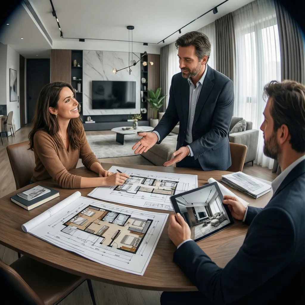 Diseñador de interiores mostrando un proyecto a clientes en una mesa con planos
