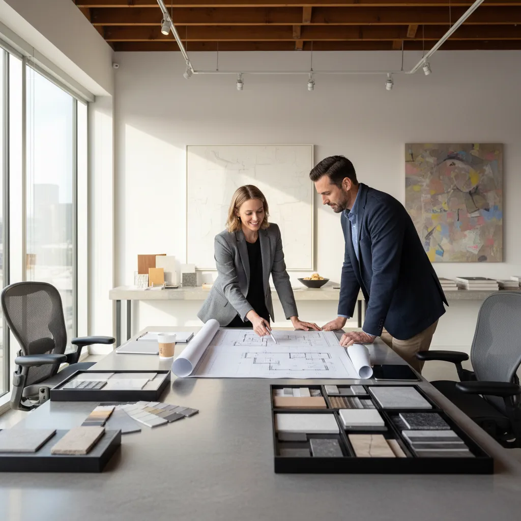 Diseñador de interiores presentando planos a un cliente en una reunión