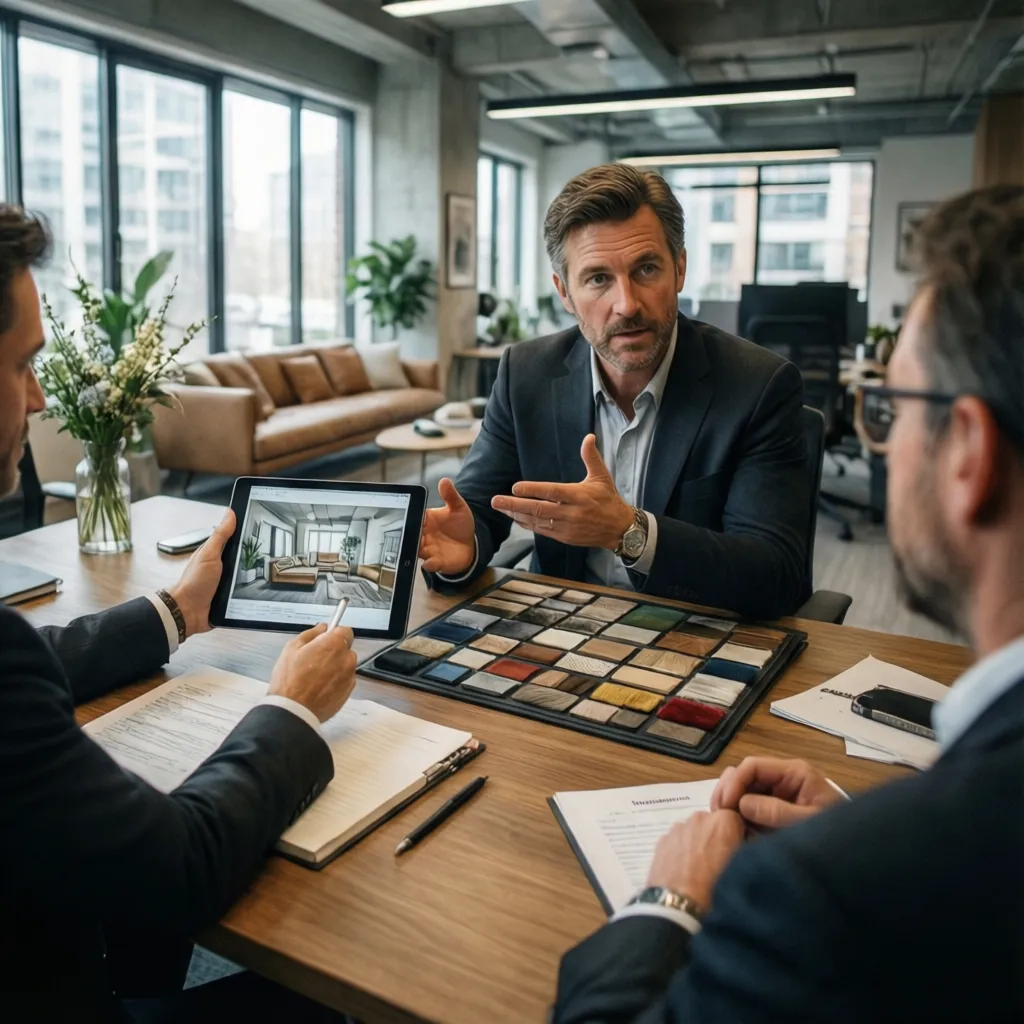 Diseñadora de interiores mostrando propuestas de diseño a un cliente