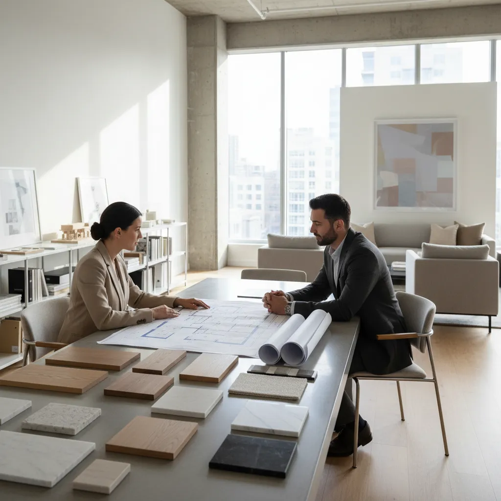 Two people sitting at a table discussing an interior design drawing with various material samples