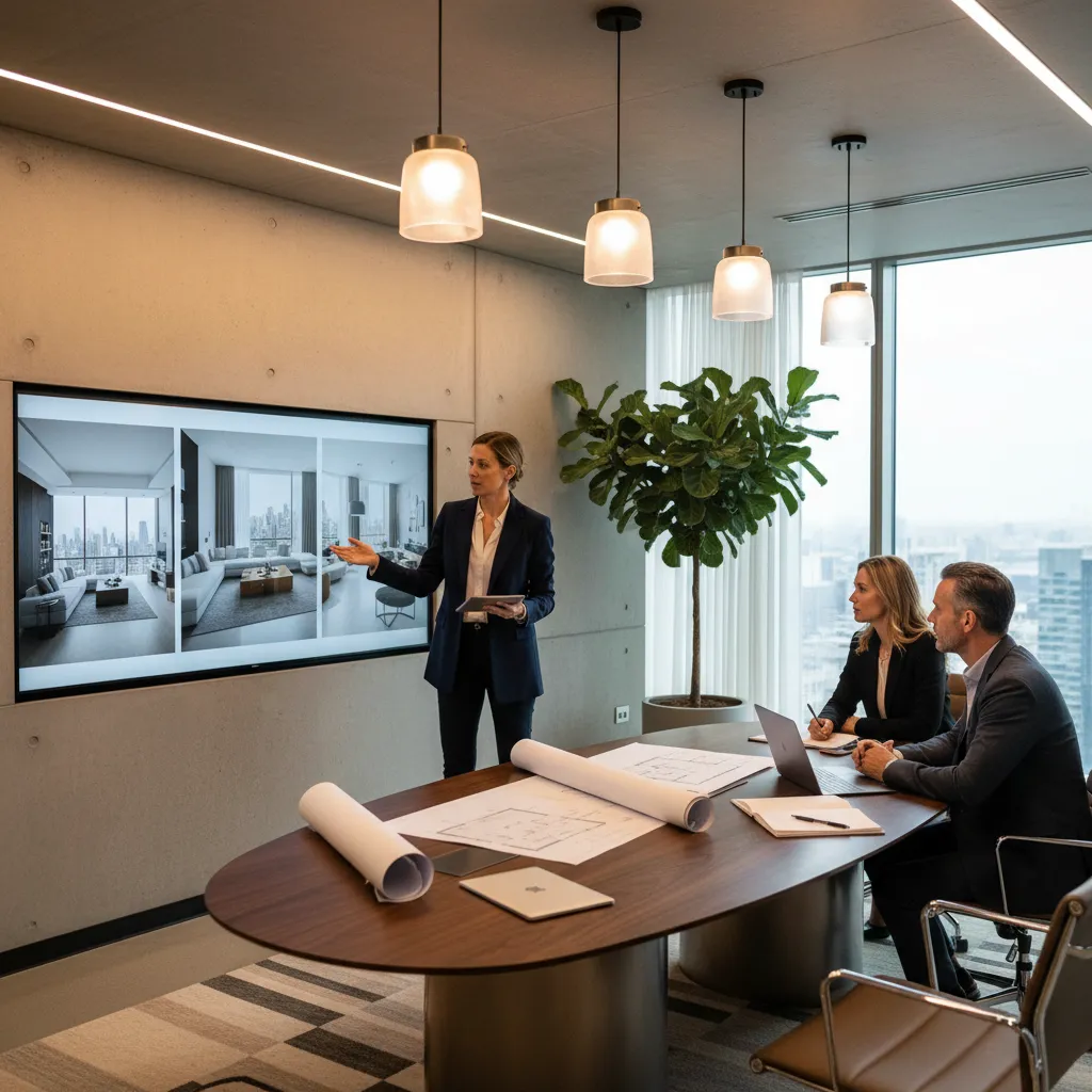 Interior designer presenting room design drawings on a large screen to clients in a meeting