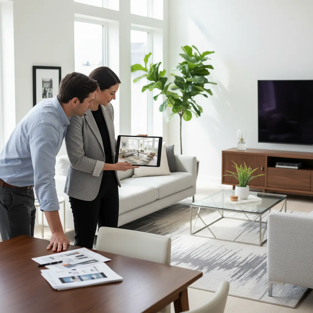 Decoradora de interiores presentando propuesta de diseño a clientes