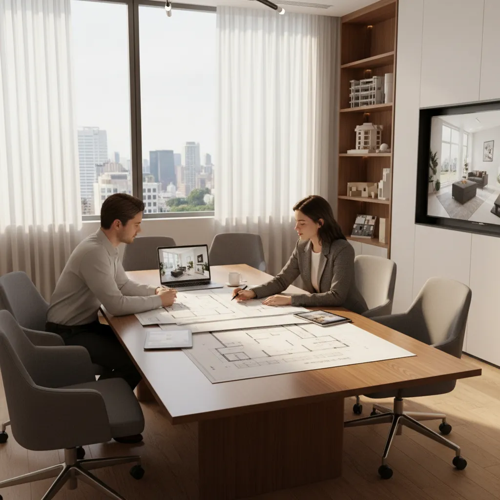 Interior designer explaining floor plan during client meeting