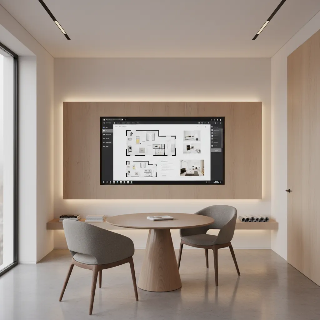 small client meeting area inside an interior design studio with round table and presentation screen
